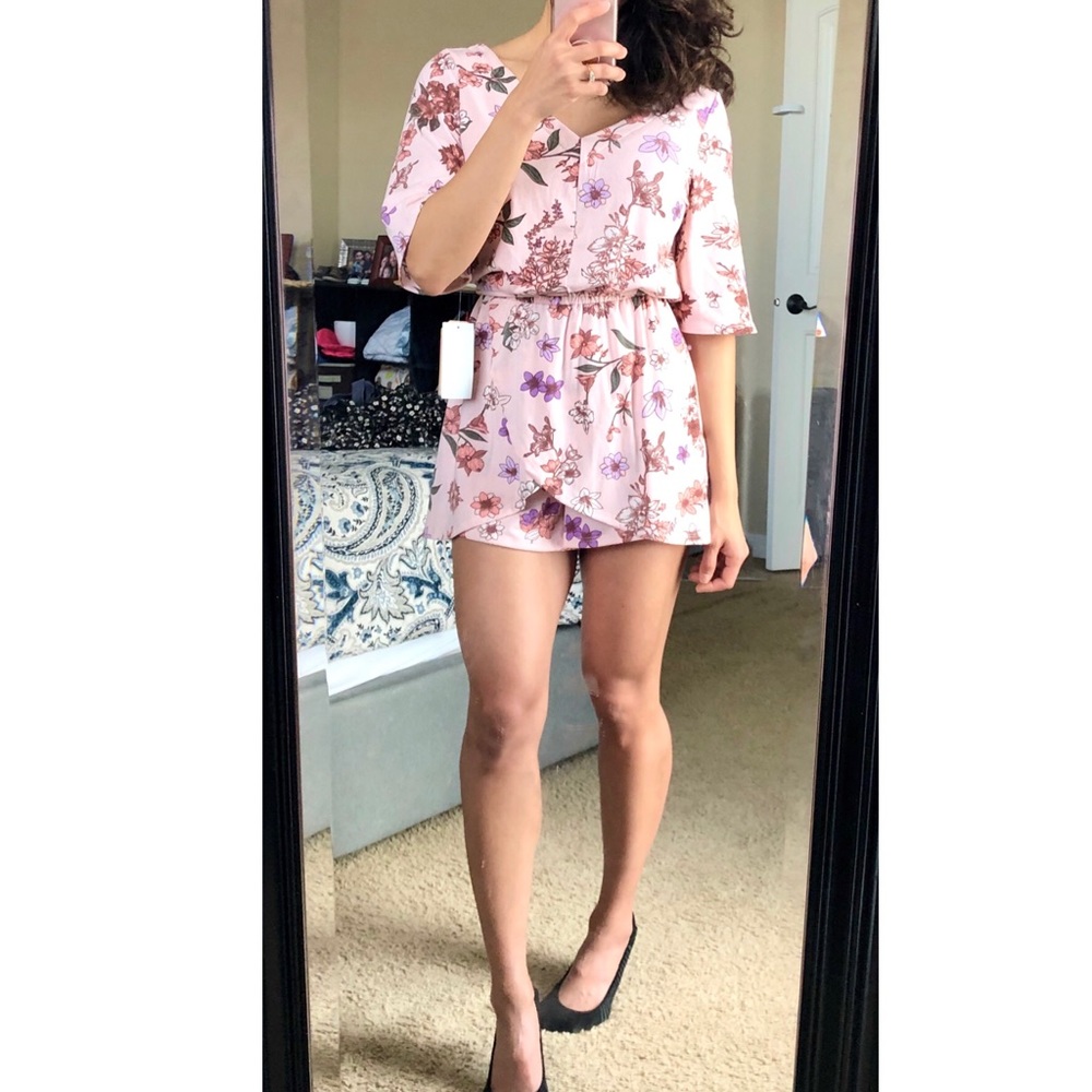 Copper Key Pink Floral Wrap Faux Skirt Romper